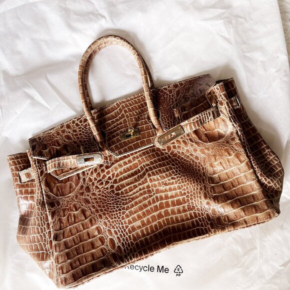 Vintage Vera Pelle Leather Belted Strap & Lock Closure Croc Style Large Bag - Picture 1 of 7